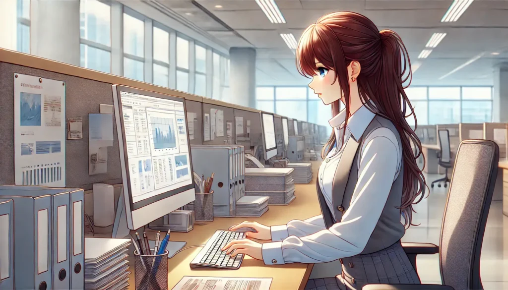 ペイトゥデイの女性従業員がPCで顧客の審査をしているイラスト