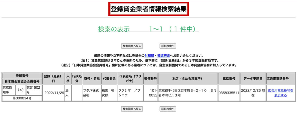 フタバの登録貸金業者情報検索結果