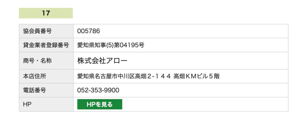 アローの日本貸金業協会の登録画面