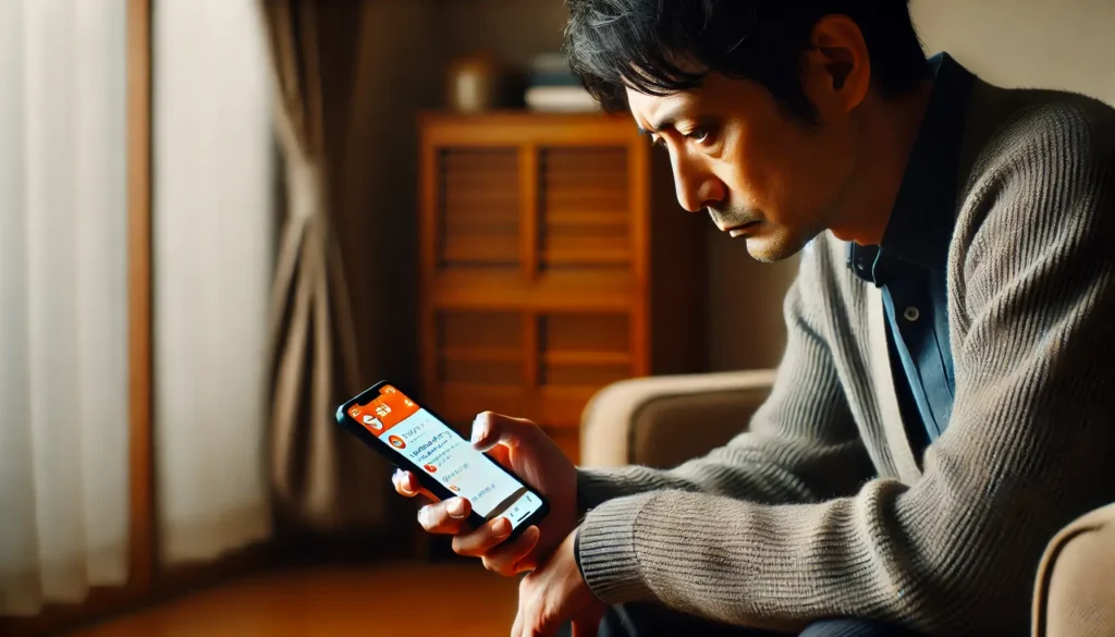 フリーローンよしきの5chの口コミを見ている男性