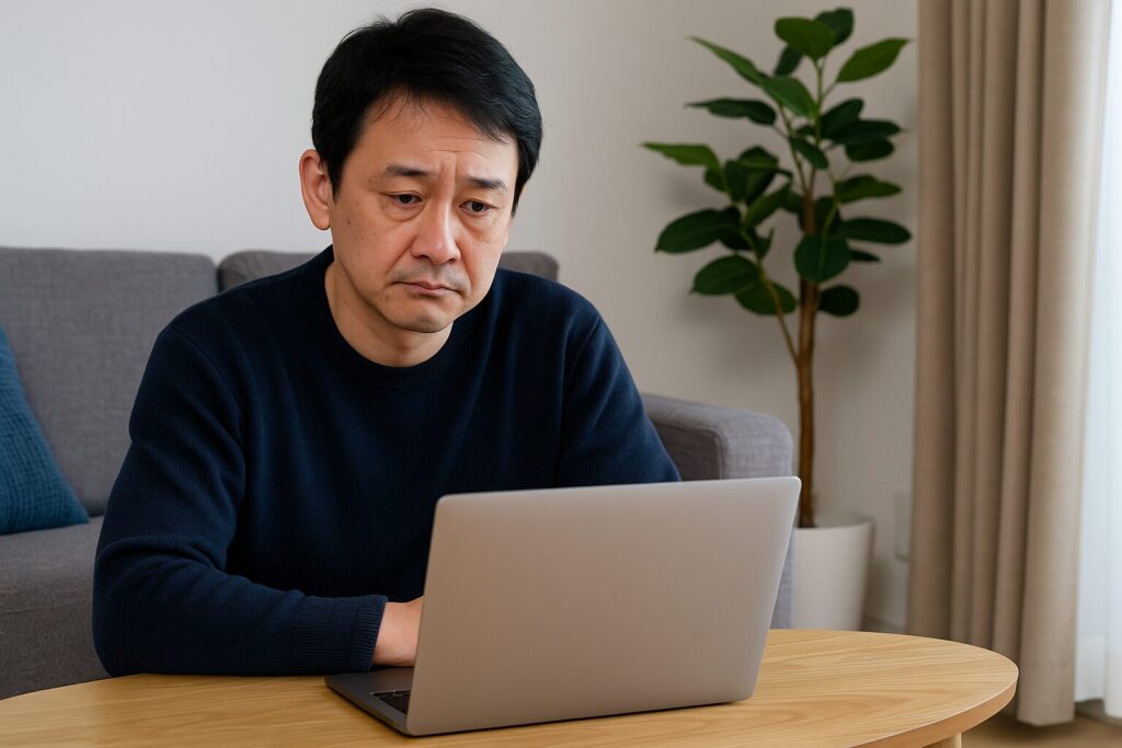 金融ブラックの情報をノートPCで調べている男性