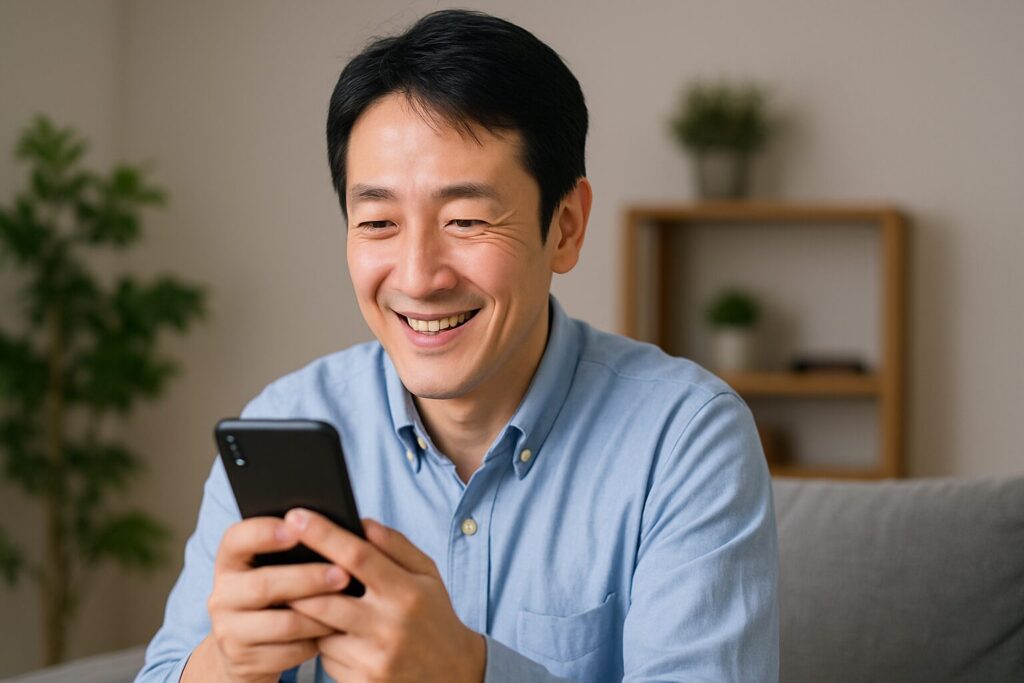 ユニーファイナンスの良い口コミを見て笑顔な男性