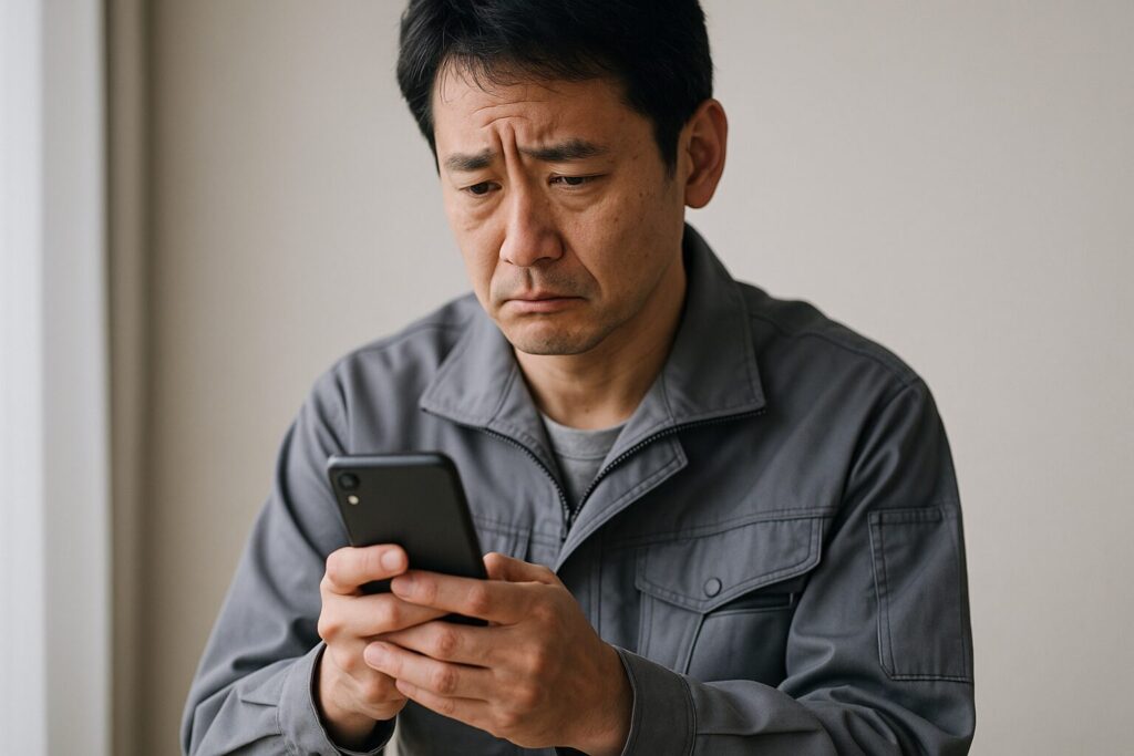 キャレントの悪い口コミを見ている男性