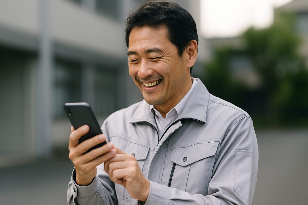 キャレントの口コミを見て笑顔の男性