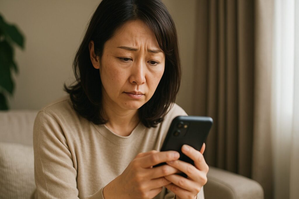 スーパーブラックの女性が借り入れを希望する人の条件をスマホで見ている