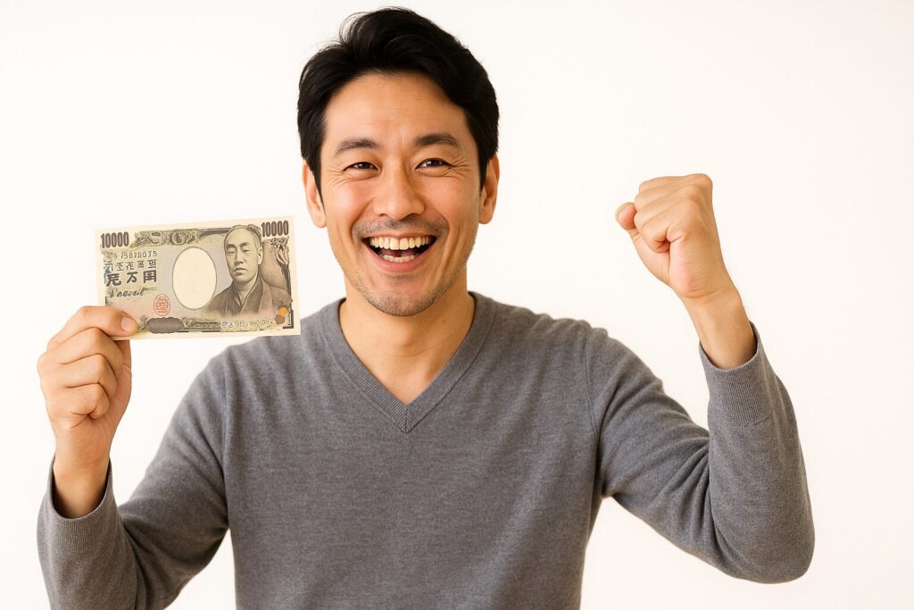 消費者金融ファーストプランでお金を借りて喜ぶ男性