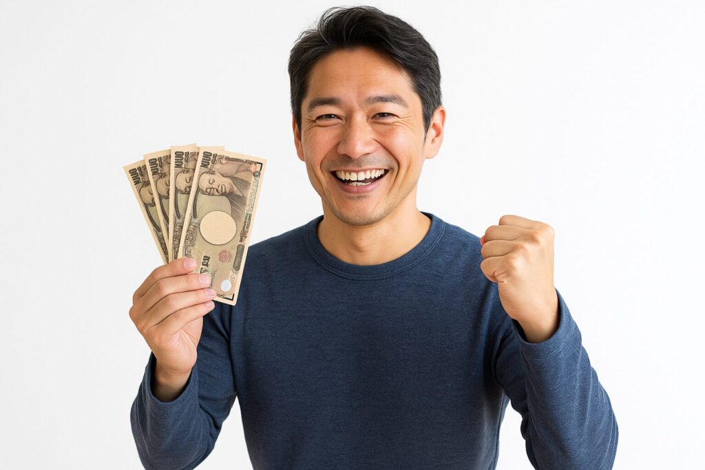 ユニズムでお金を借りて喜んでいる男性