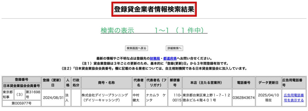 デイリーキャッシングが登録貸金業者であるエビデンス