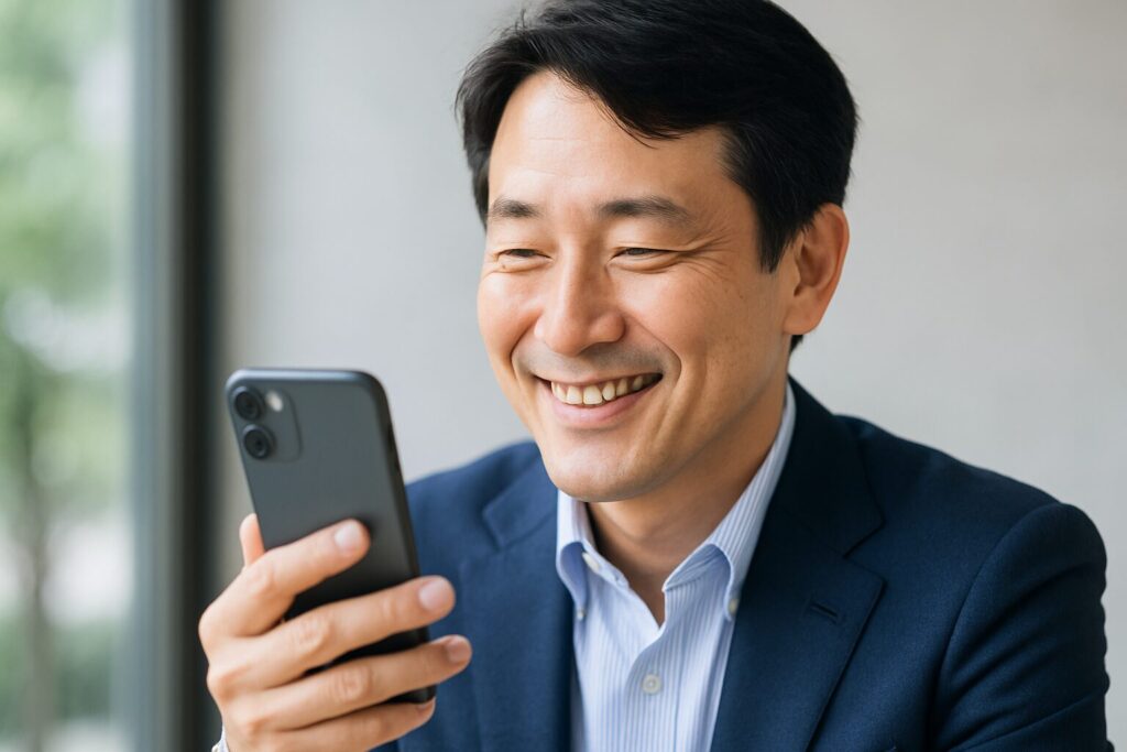 融資代行プロの良い口コミを見て微笑む男性