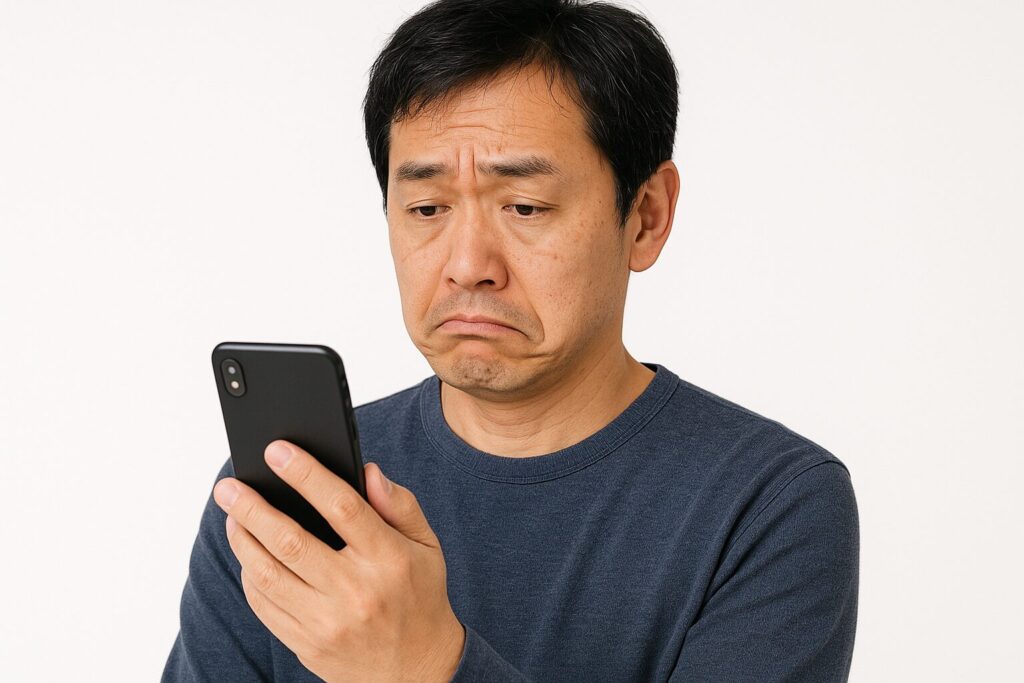 「こくしん」の悪い口コミを見て少し残念そうな表情の男性