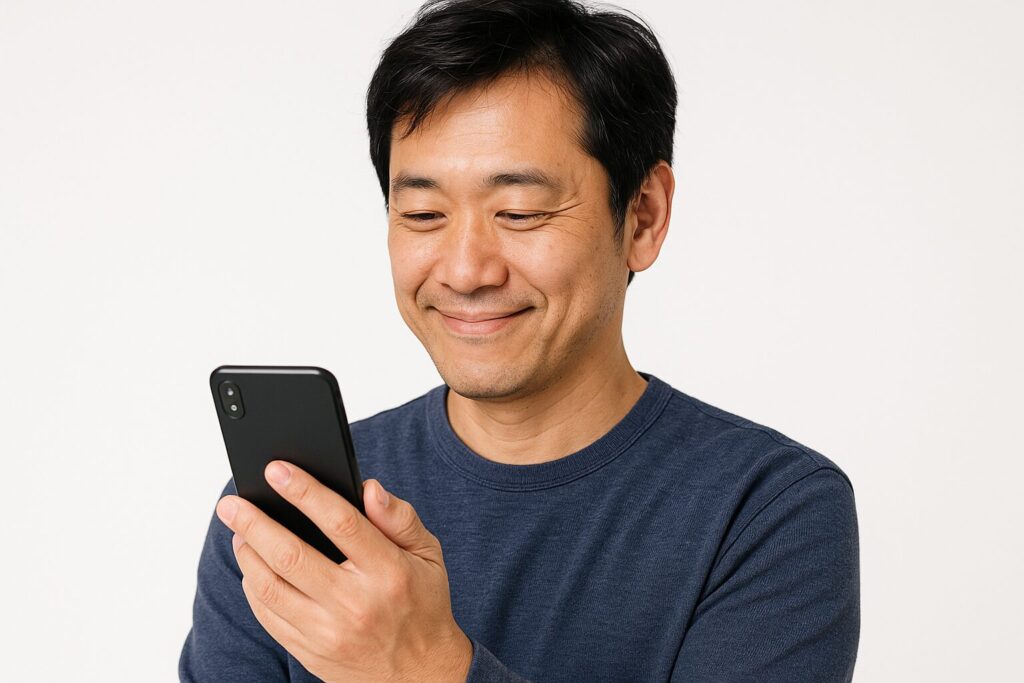 「こくしん」の良い口コミを見て笑顔な男性