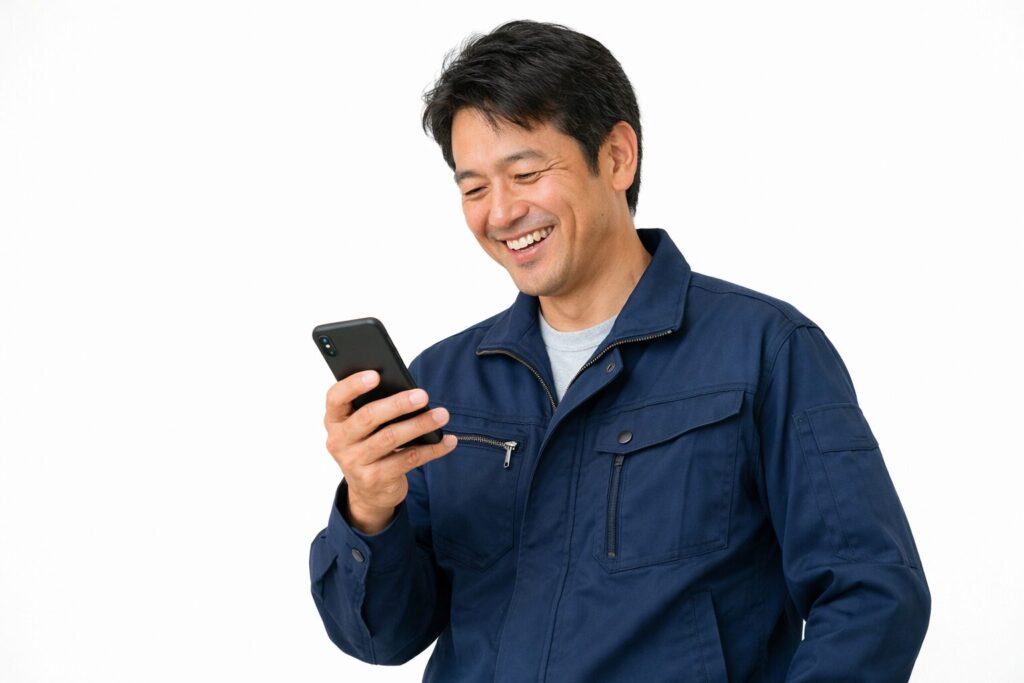 アサヒ信用の良い口コミを見て笑顔な男性40代