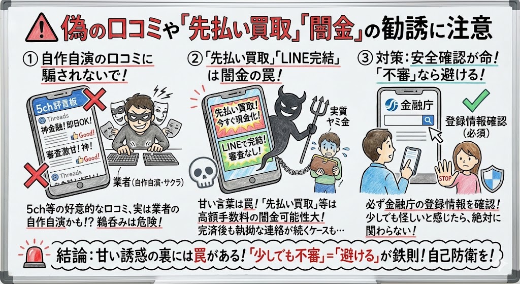 偽の口コミや「先払い買取」「闇金」の勧誘に注意