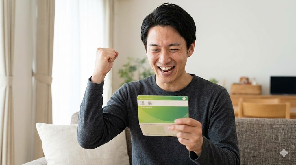 5chに掲載されている借り入れ業者から融資がおりて通帳を見て喜ぶ男性