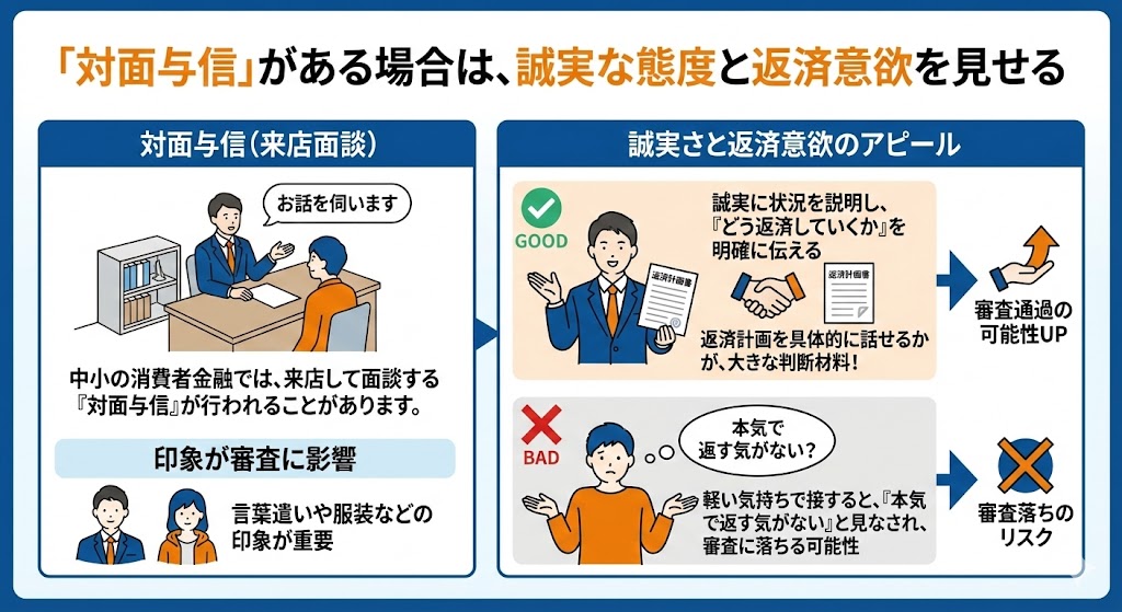 「対面与信」がある場合は、誠実な態度と返済意欲を見せる