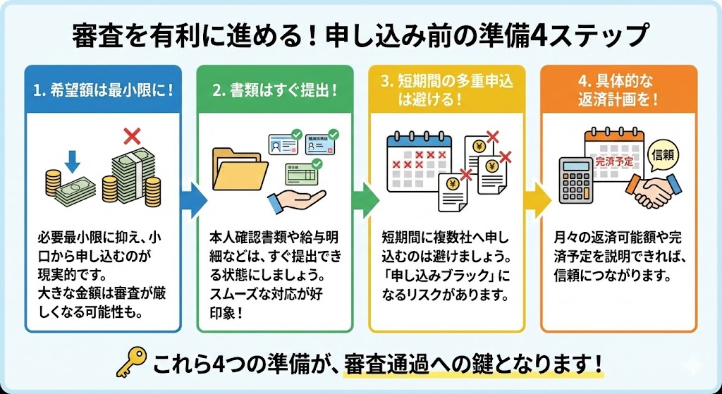 申し込み前の準備4つ（希望額・書類・申込タイミング・返済計画）