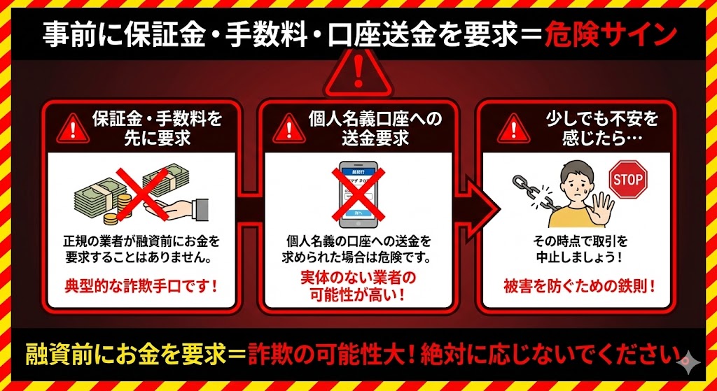 事前に保証金・手数料・口座送金を要求＝危険サイン